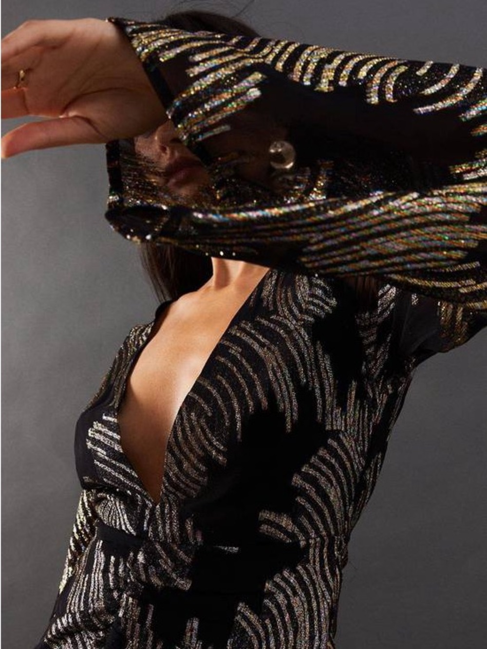 Warehouse Metallic Jacquard Plunge Neck Midi - Picture 5 of 11